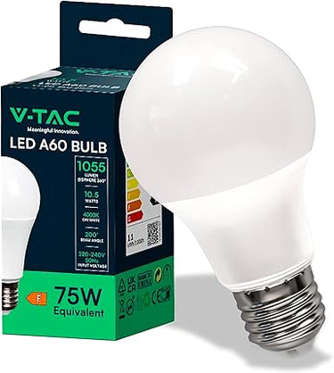 V-TAC Bombilla LED A60 con casquillo E27, potencia 10,5 W (Equivalentes a 75 W) – Bombilla de nueva generación – 1055 lúmenes – Máxima eficiencia y ahorro energético – Luz blanca fría 6500 K